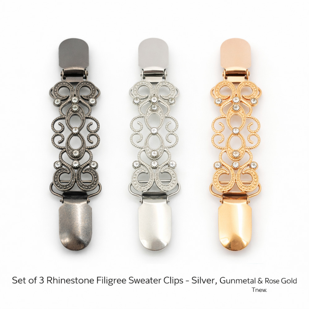 Set of 3 Rhinestone Filigree Sweater Clips, Silver, Gunmetal & Rose Gold Tone